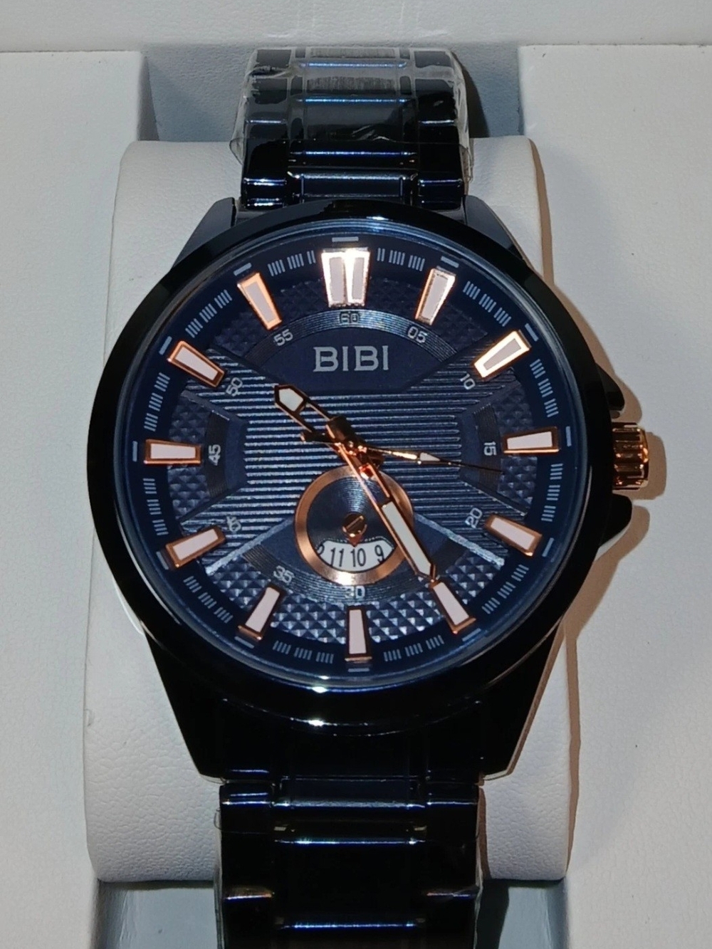BiBi Mens Quartz Wristwatch Black Stainless Steel Blue Dial Rose Gold Accents...